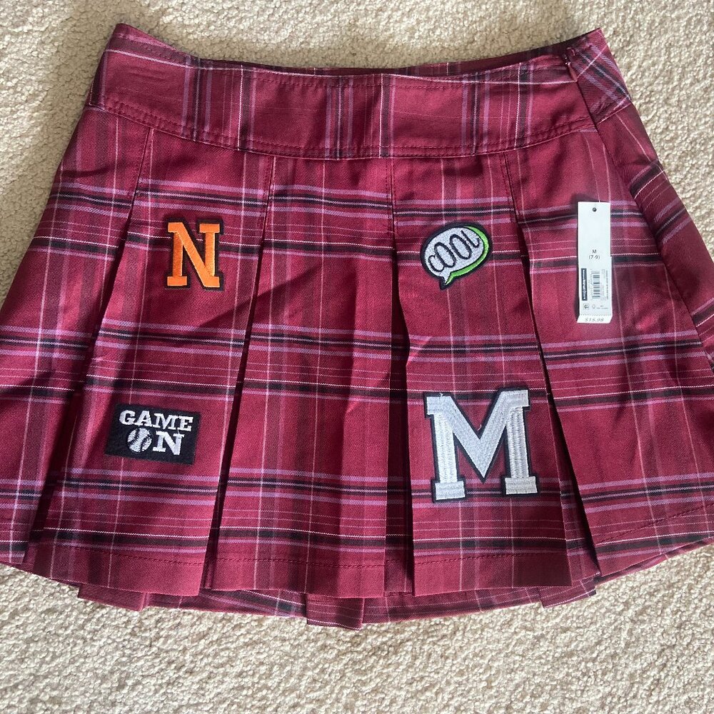 Womens No Boundaries Red Plaid Pleated Tennis Skirt with Patches, Medium